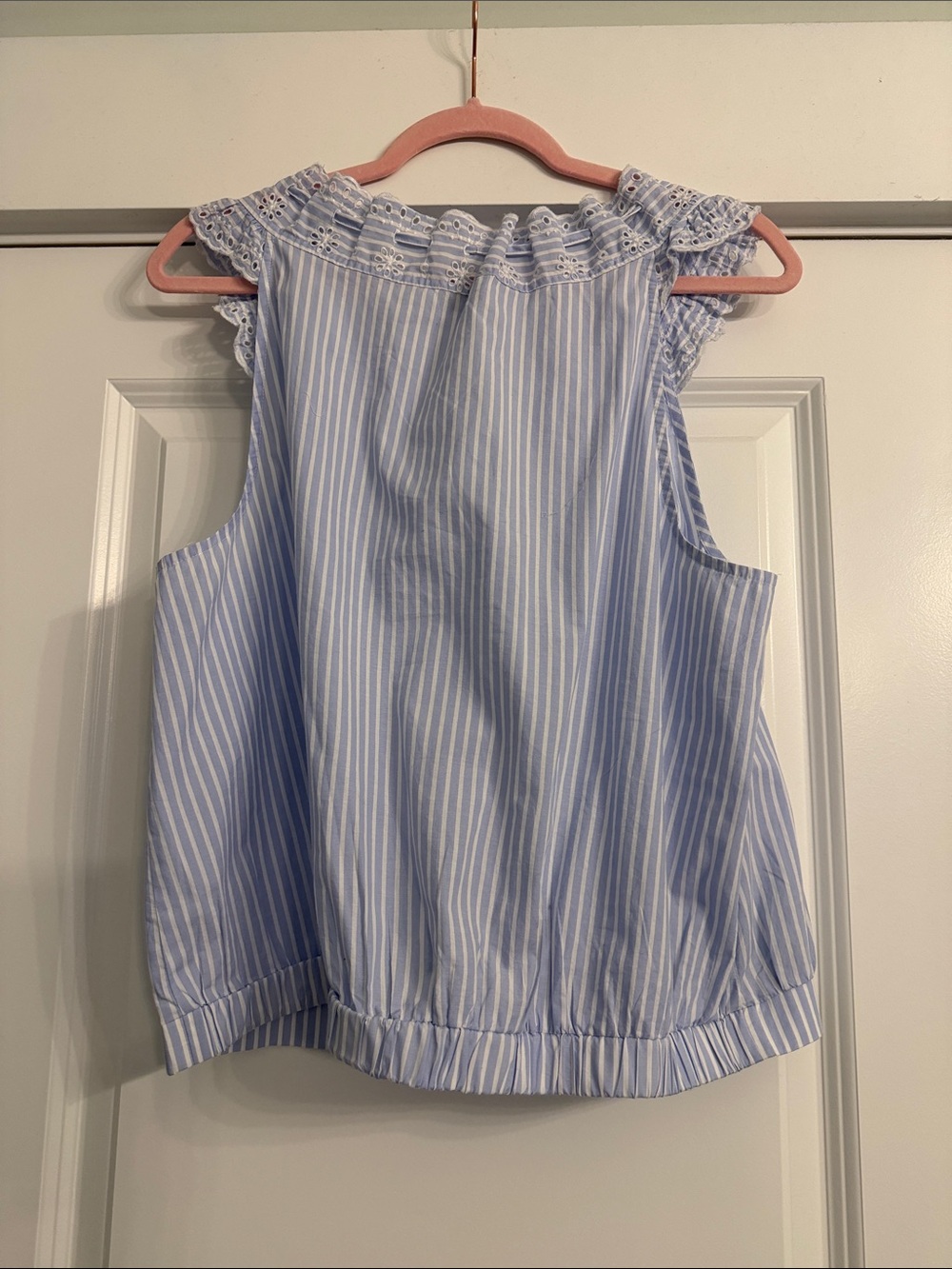 LOFT Blue and White Striped Eyelet Tie-Front Sleeveless Blouse - Picture 4 of 4